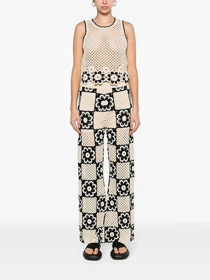 Hollow Out Knitted Sets For Women Sleeveless O-Neck Short Vest Flower Knitting Pants Elegant Women'S Sets Simple Vintage 2 Piece