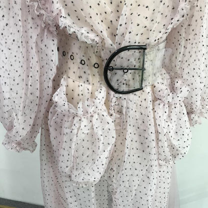 Polka Dot See-Through Mesh Lantern Sleeve Large Long Bikini Cover-Up