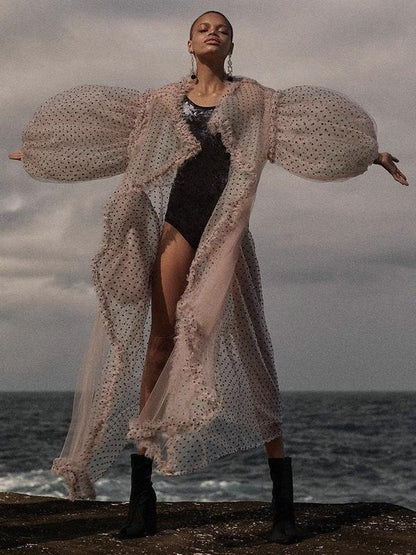 Polka Dot See-Through Mesh Lantern Sleeve Large Long Bikini Cover-Up