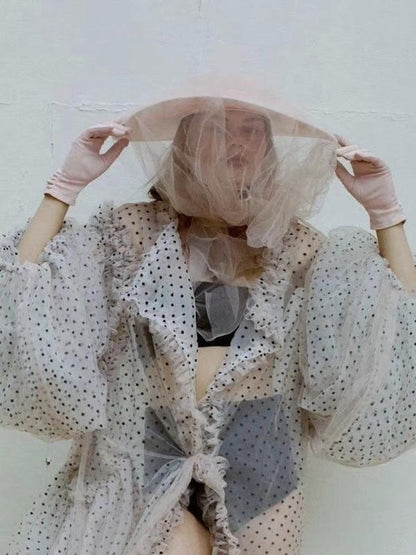 Polka Dot See-Through Mesh Lantern Sleeve Large Long Bikini Cover-Up