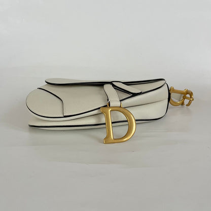 Dior White Leather Saddle bag with fabric strap