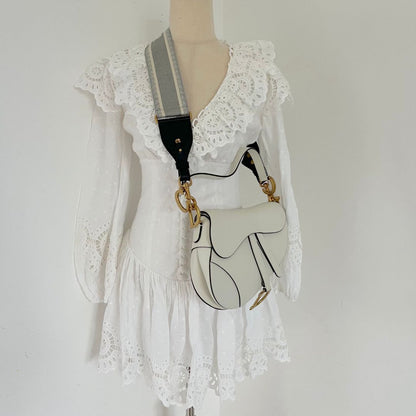 Dior White Leather Saddle bag with fabric strap