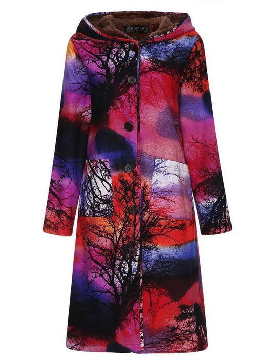 Autumn And Winter Women Printed Long Cotton Jacket  Plus Size Velvet Hoodie