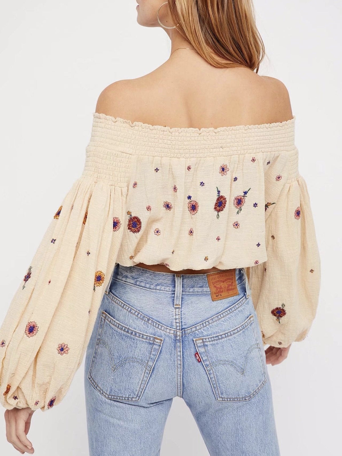Embroidered Puff-Sleeves Blouses&Shirts Top