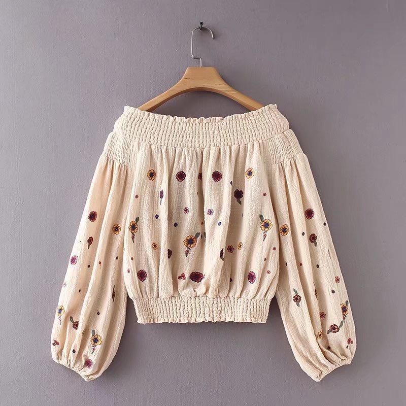 Embroidered Puff-Sleeves Blouses&Shirts Top
