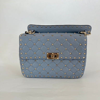 Valentino Blue Quilted Leather Medium Rockstud Spike Chain Bag
