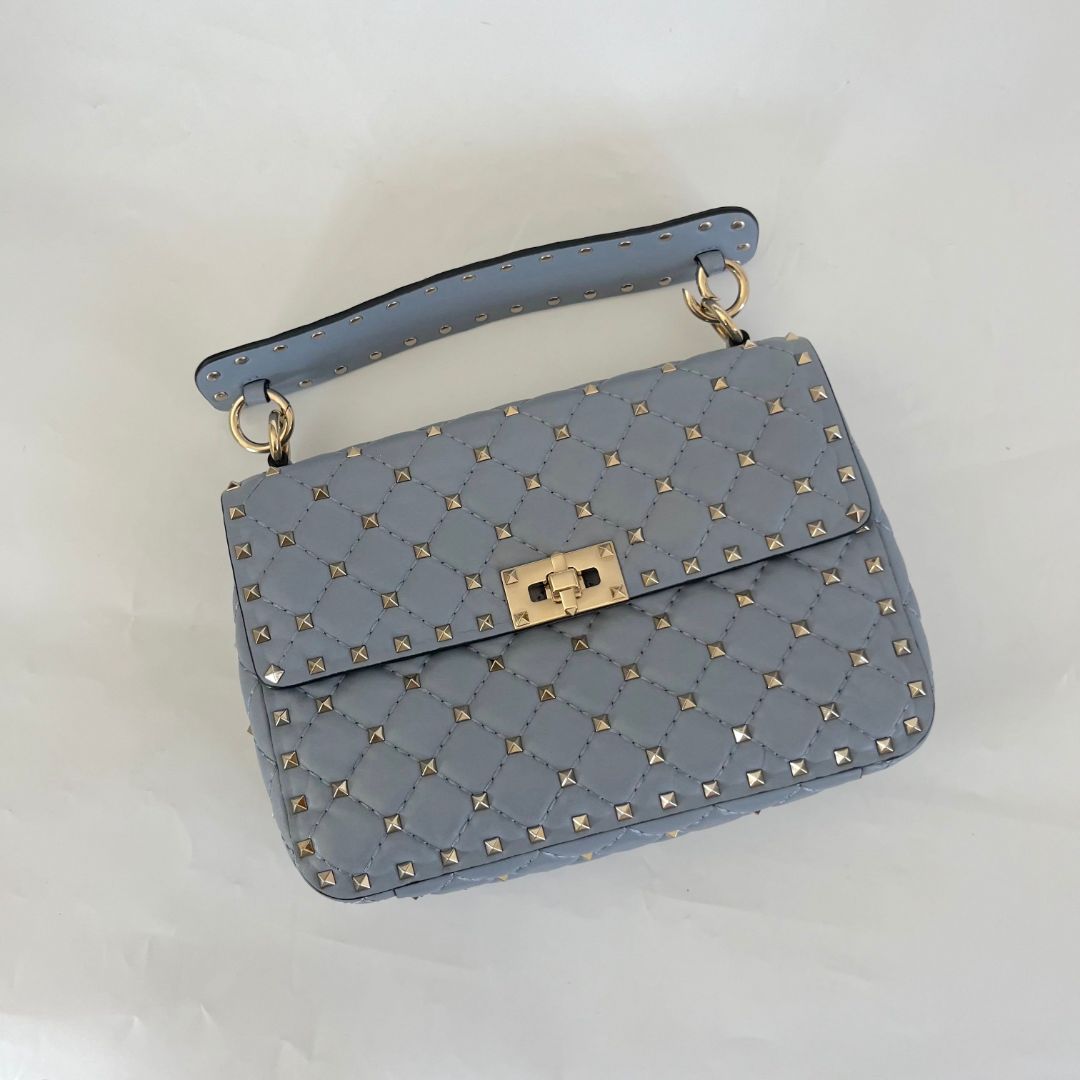 Valentino Blue Quilted Leather Medium Rockstud Spike Chain Bag