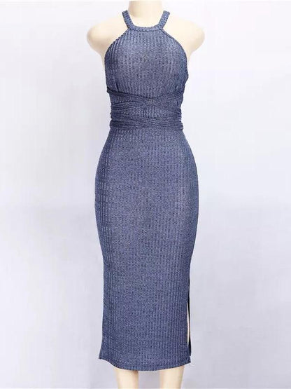 Solid Color Three Seasons Sexy Slim Extended Sleeveless Backless Long Dress