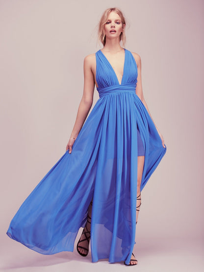 Bohemia Style Solid Color Backless Evening Dress