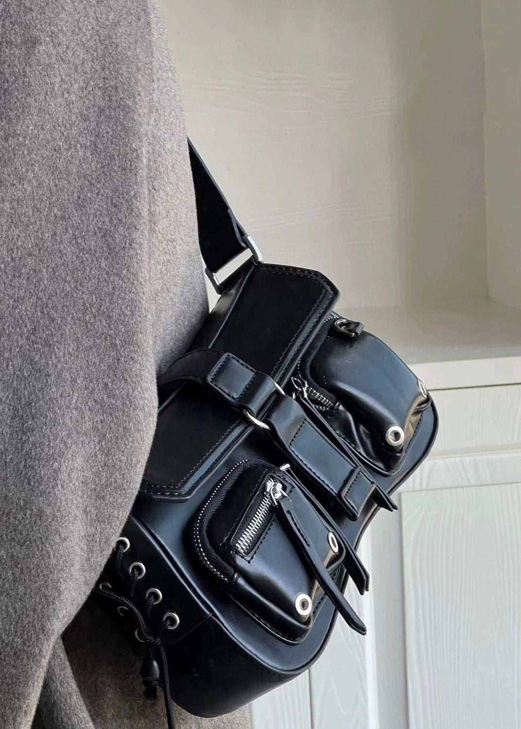 Utility Buckle Shoulder Bag Faux Leather Red