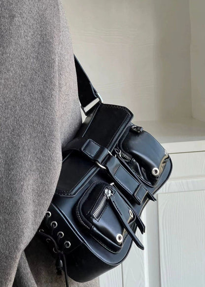 Utility Buckle Shoulder Bag Faux Leather Red