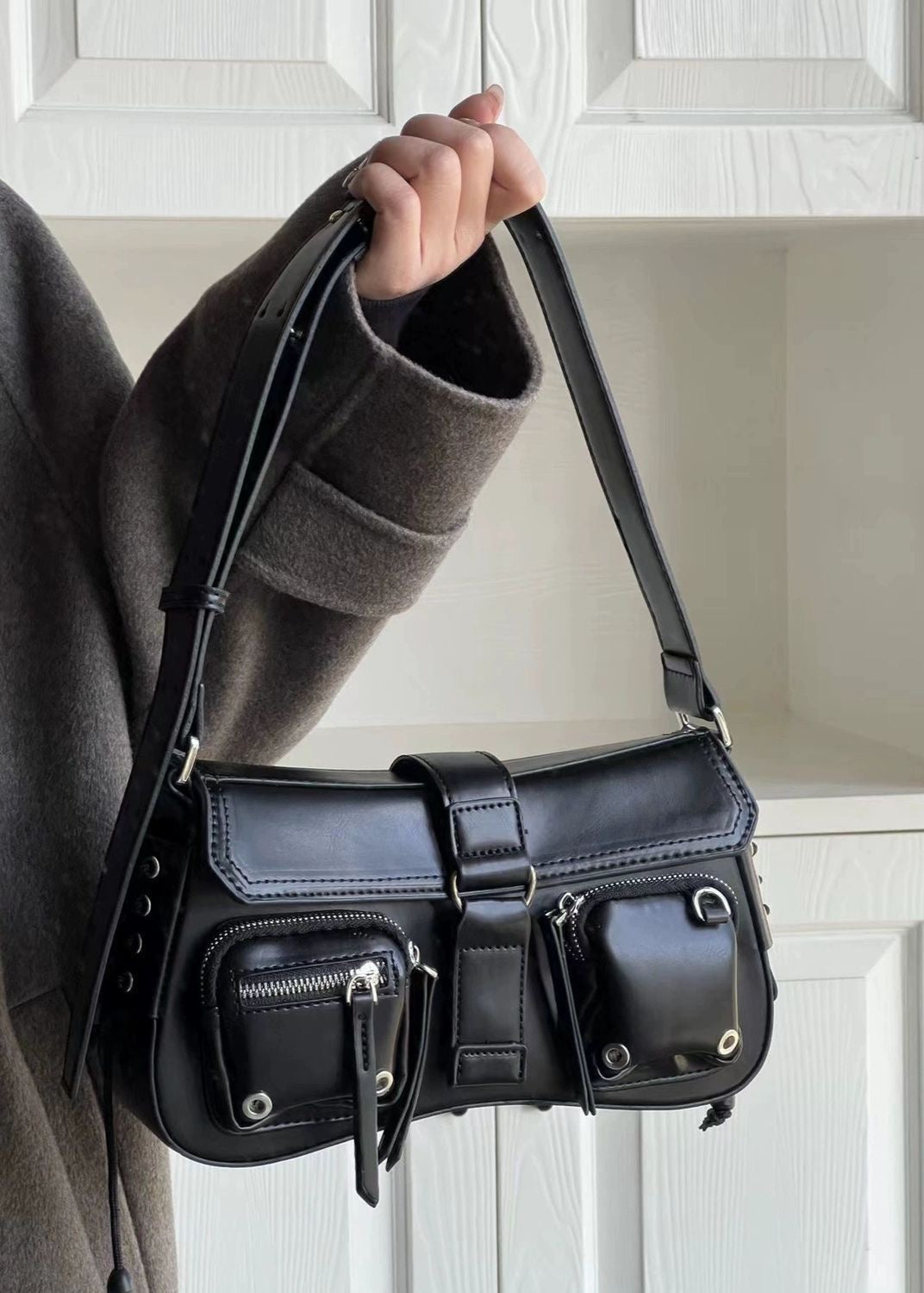 Utility Buckle Shoulder Bag Faux Leather Red
