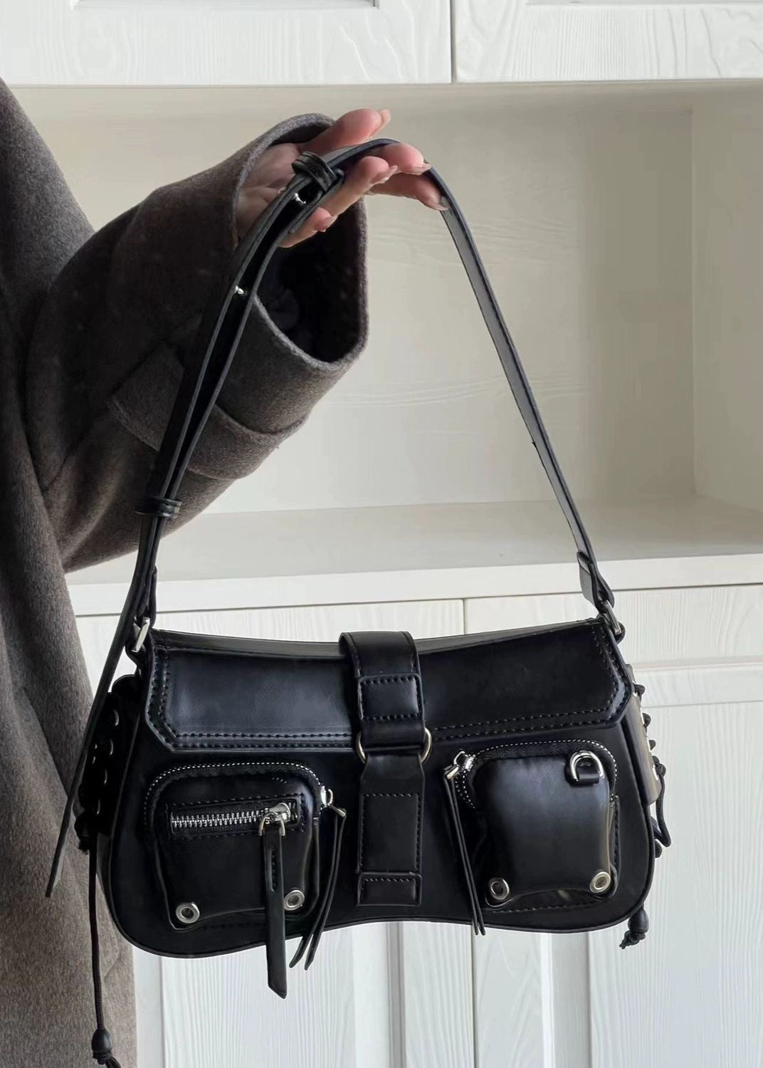 Utility Buckle Shoulder Bag Faux Leather Red