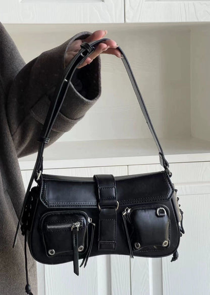 Utility Buckle Shoulder Bag Faux Leather Red