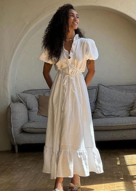 Linen Midi Dress With Puff Sleeves And Wrap Waist