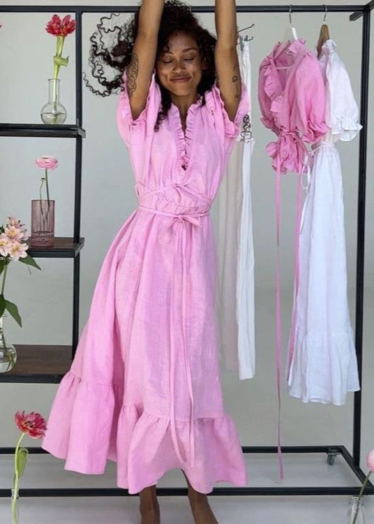 Linen Midi Dress With Puff Sleeves And Wrap Waist