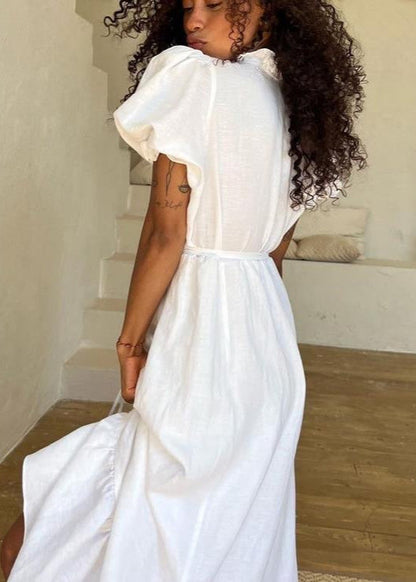 Linen Midi Dress With Puff Sleeves And Wrap Waist