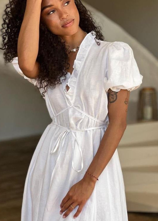 Linen Midi Dress With Puff Sleeves And Wrap Waist