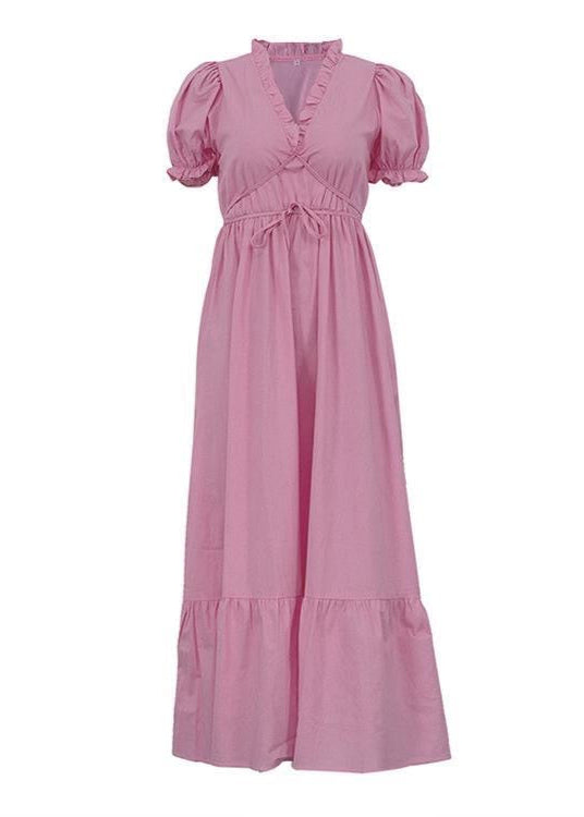 Linen Midi Dress With Puff Sleeves And Wrap Waist
