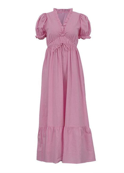 Linen Midi Dress With Puff Sleeves And Wrap Waist