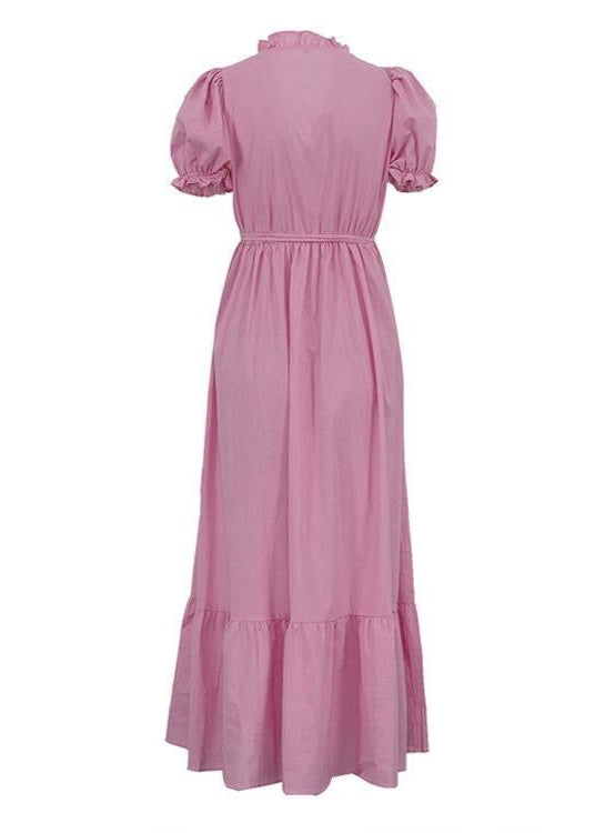 Linen Midi Dress With Puff Sleeves And Wrap Waist
