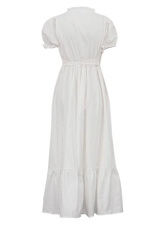 Linen Midi Dress With Puff Sleeves And Wrap Waist