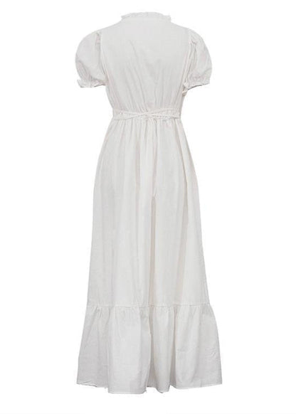 Linen Midi Dress With Puff Sleeves And Wrap Waist