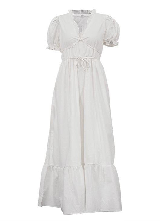 Linen Midi Dress With Puff Sleeves And Wrap Waist