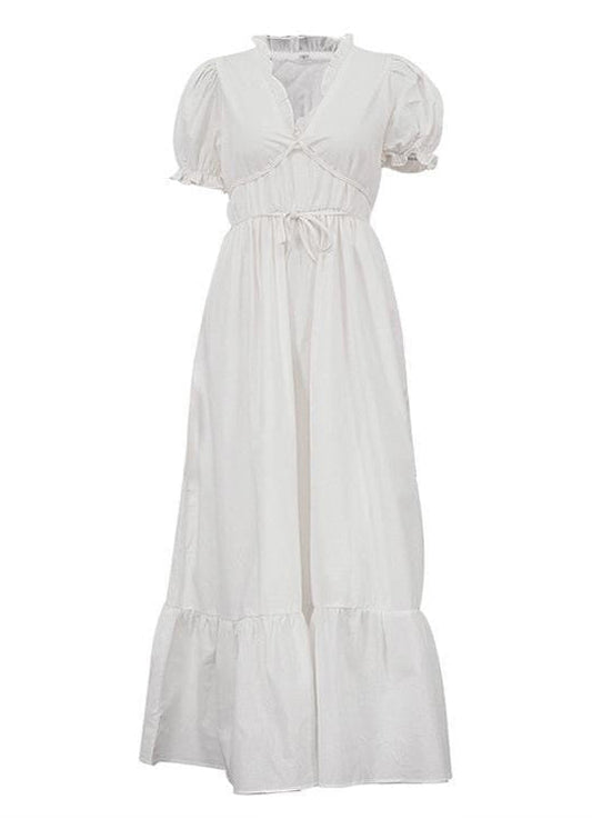 Linen Midi Dress With Puff Sleeves And Wrap Waist