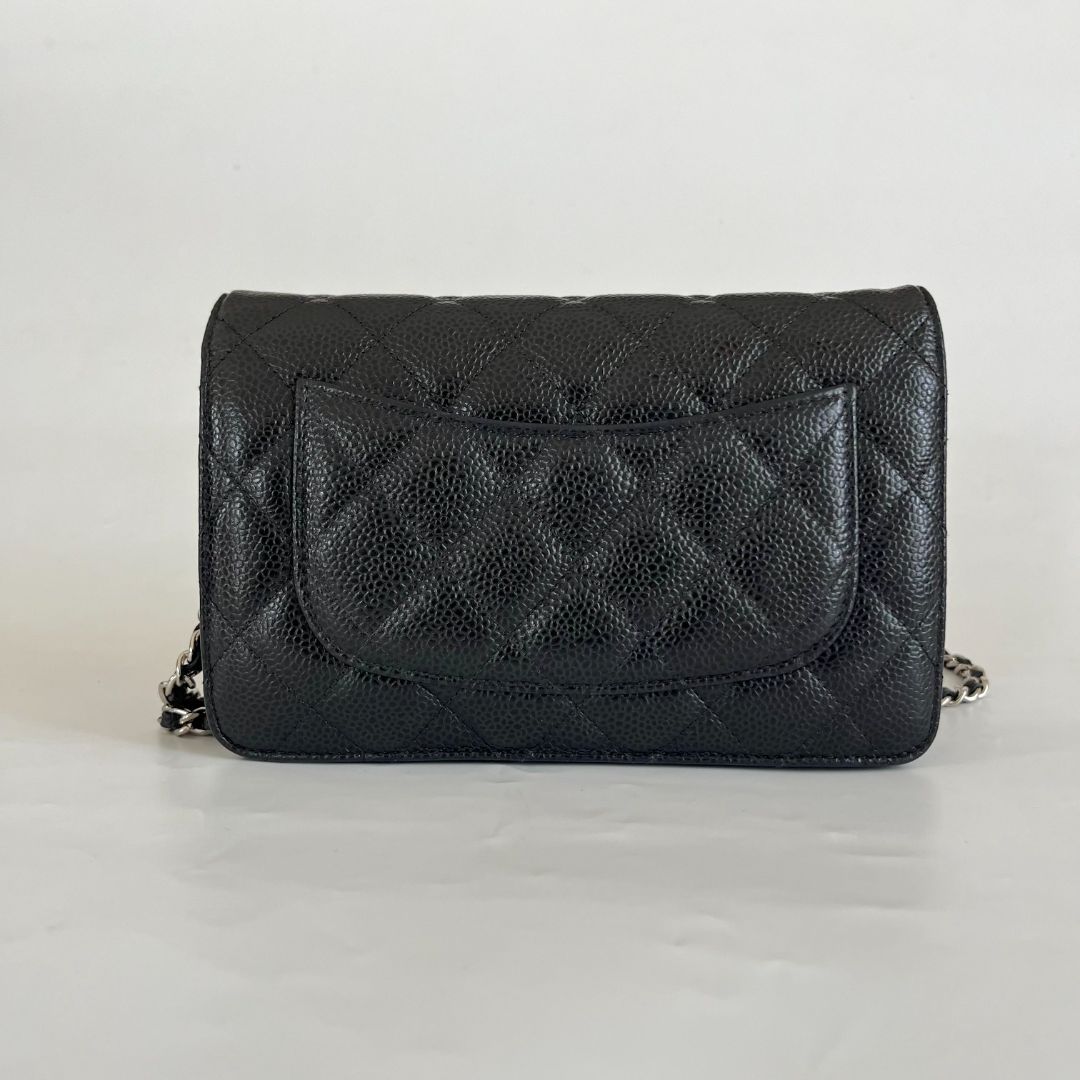 Chanel quilted black caviar wallet on chain with silver-hardware