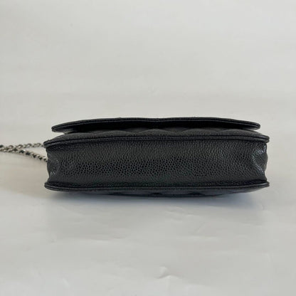 Chanel quilted black caviar wallet on chain with silver-hardware
