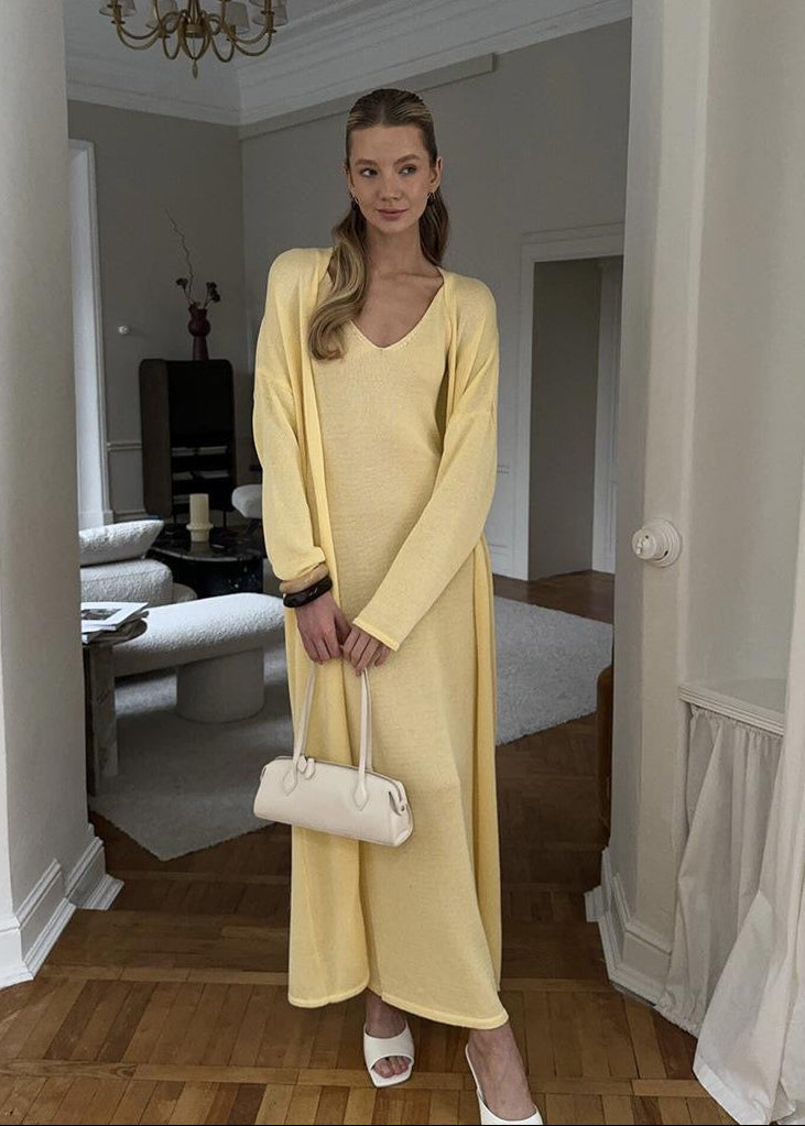 Knit Maxi Dress with Cardigan Set in Yellow