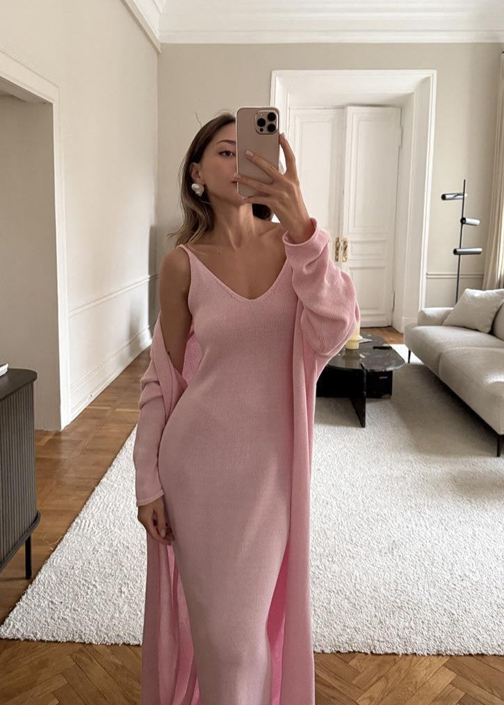 Knit Maxi Dress With Cardigan Set In Powder