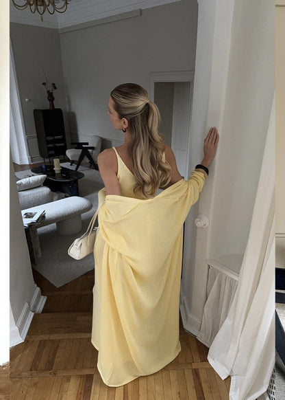 Knit Maxi Dress with Cardigan Set in Yellow