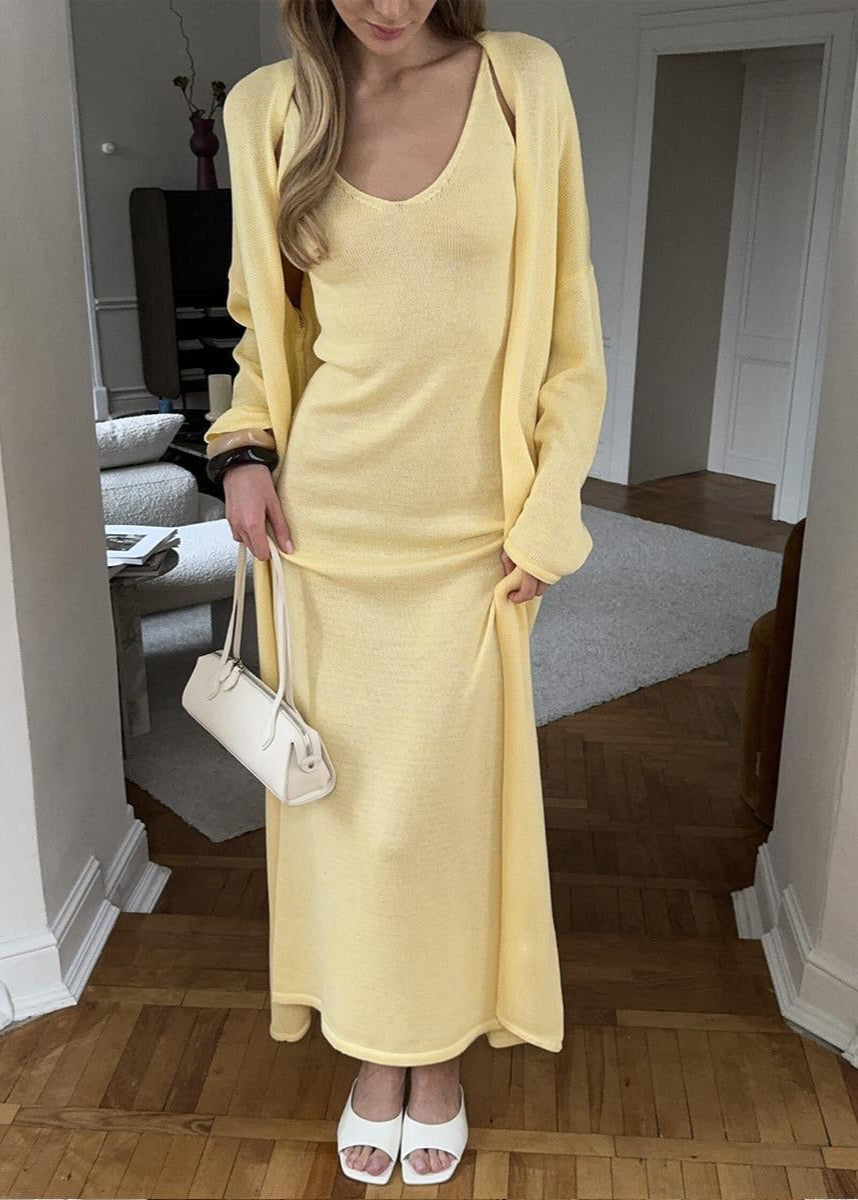 Knit Maxi Dress with Cardigan Set in Yellow