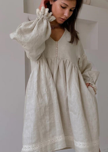 Linen Puff Sleeve Babydoll Dress Light Gray