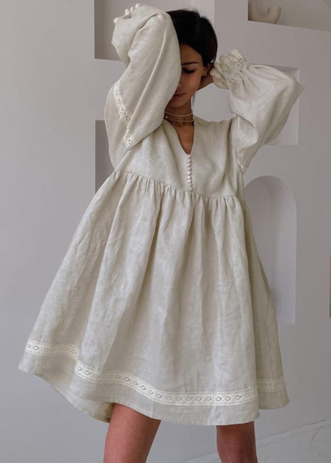 Linen Puff Sleeve Babydoll Dress Light Gray