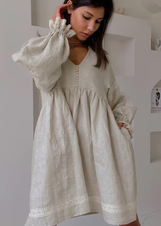 Linen Puff Sleeve Babydoll Dress Light Gray
