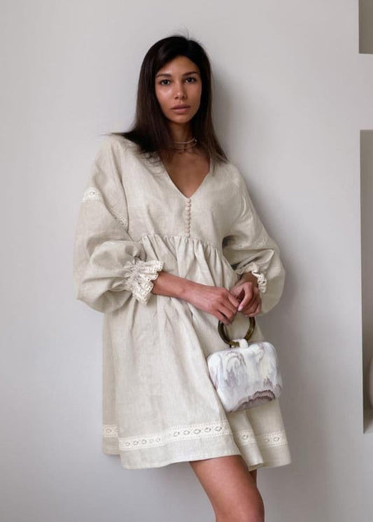 Linen Puff Sleeve Babydoll Dress Light Gray