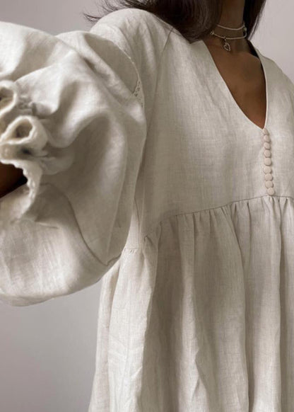 Linen Puff Sleeve Babydoll Dress Light Gray