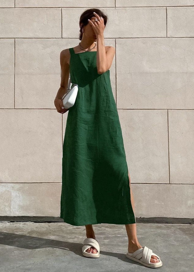 Linen Midi Dress Relaxed Fit With Side Slits