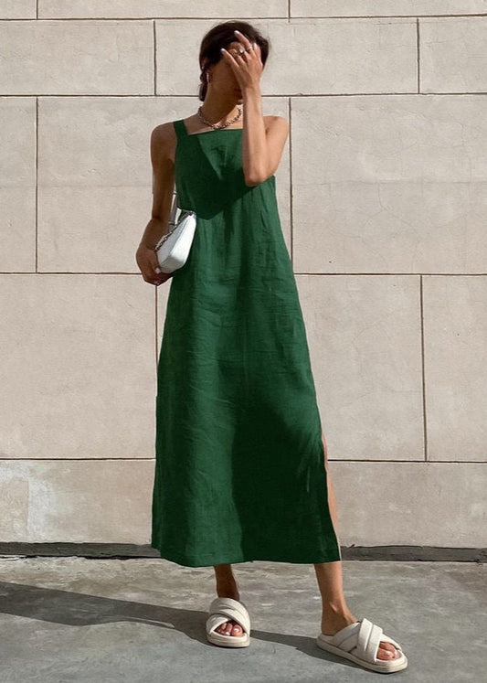 Linen Midi Dress Relaxed Fit With Side Slits