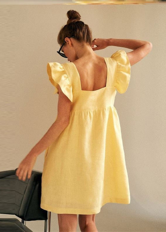 Linen Mini Dress With Flutter Sleeves And Square Neckline