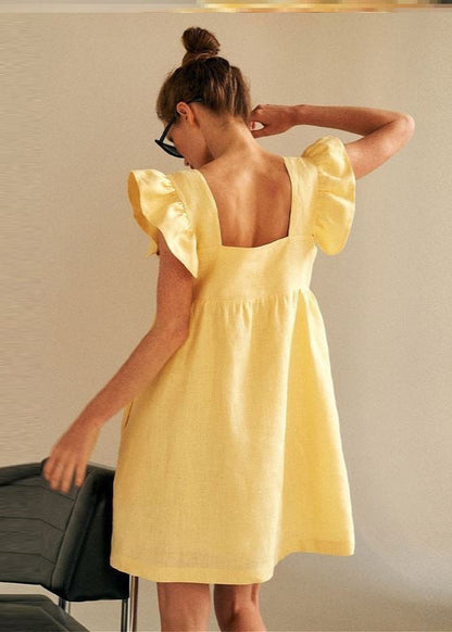 Linen Mini Dress With Flutter Sleeves And Square Neckline