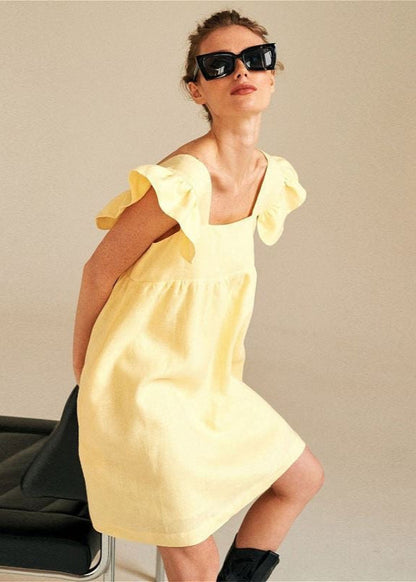 Linen Mini Dress With Flutter Sleeves And Square Neckline
