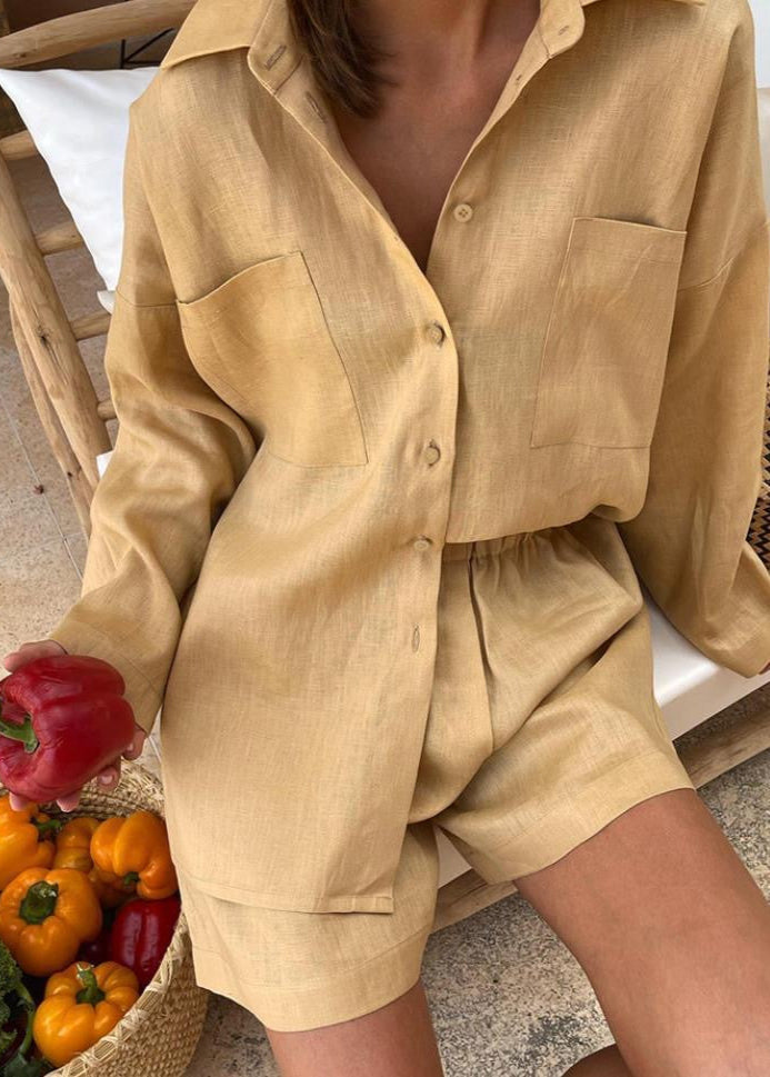 Linen Button Down Shirt And High Waist Shorts Set