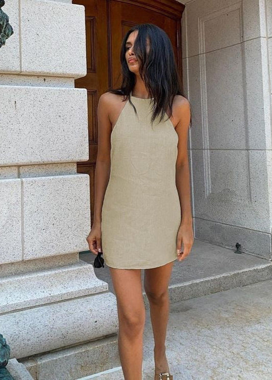 Linen Halter Mini Dress With Adjustable Tie Backs