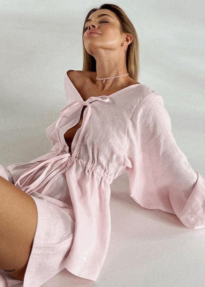 Linen Two Piece Set with Bell Sleeves in Coral