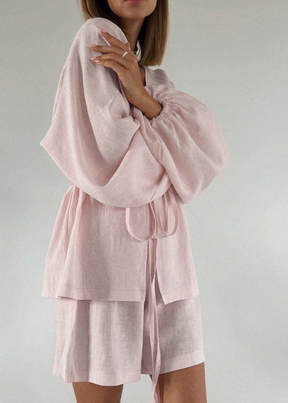 Linen Two Piece Set with Bell Sleeves in Coral