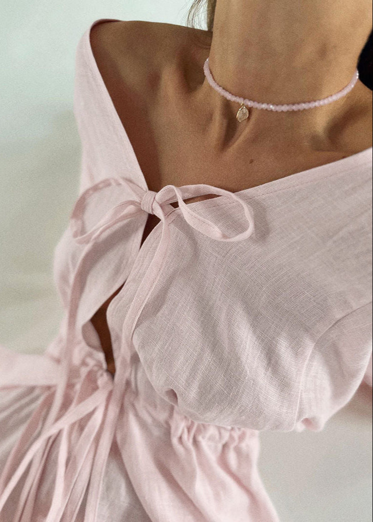 Linen Two Piece Set with Bell Sleeves in Coral